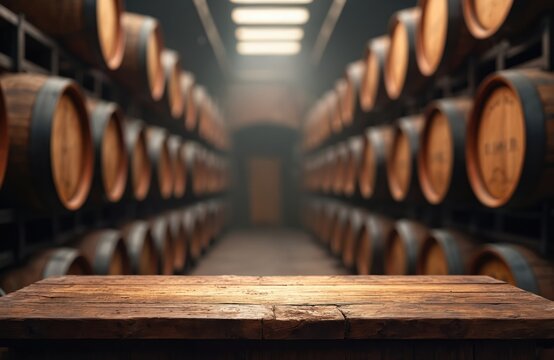 Wooden table in front of rows of aging wine barrels in cellar. Alcoholic beverage storage with aged oak casks on shelves in dimly lit distillery.