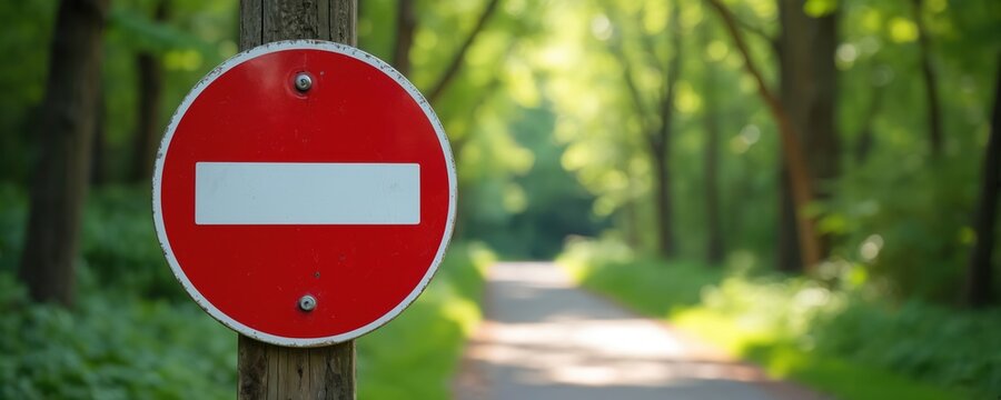 Red no entry sign attached to wooden post on forest path. Road closed for vehicles. No passage allowed through woods. Green trees and bright sunlight.