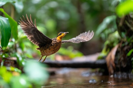 Elegant Sunbittern Spreading Its Colorful Wings in Lush Jungle Habitat