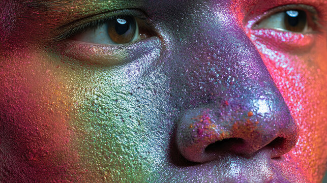 Mosaic of faces morphing men and women concept. Vibrant portrait highlighting colorful face paint on a model.