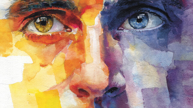 Mosaic of faces morphing men and women concept. Vibrant watercolor portrait showcasing emotional expression.