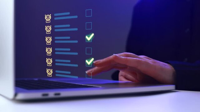 Working on a laptop with task lists and checkboxes in a dark setting during late evening hours.
