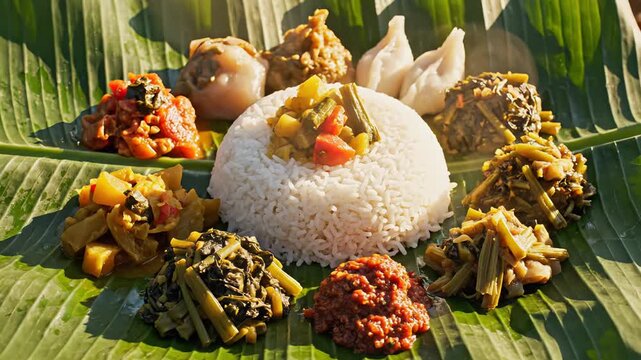 Traditional Assamese Thali Meal Served On Banana Leaf With Rice And Curries