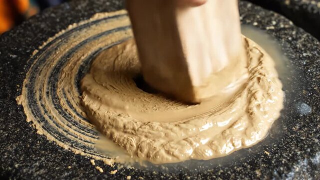 Traditional Stone Grinding of Grain with Wooden Pestle in Close Up