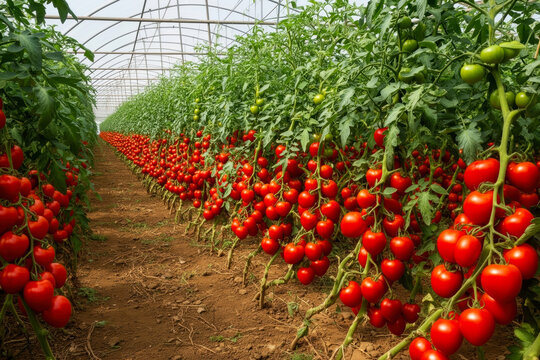 Lush Red Tomato Harvest in a Sunlit Fondi Greenhouse - Sustainable Open-Field Cultivation in Lazio