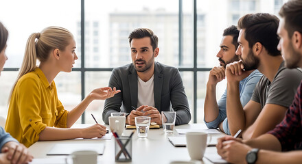 Business team meeting with collaborative discussion, brainstorming, and corporate communication in modern office vector illustration