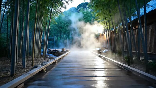 A Serene Wooden Pathway Through a Bamboo Forest with Steam Rising in Natural Morning Light