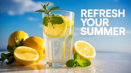 Fototapeta premium Fresh lemonade with ice and mint – Ideal for summer drink ads.