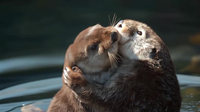 Close up of two cute sea otters hugging and cuddling in the water