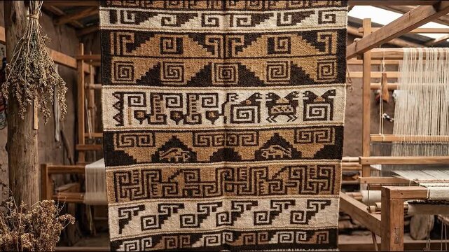 Intricate geometric patterns on regional Andean textiles. traditional weaving craft showcasing cultural heritage inside rustic artisan workshop
