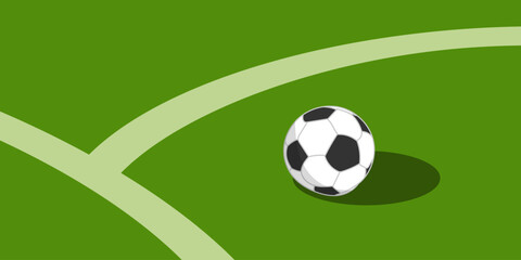 Soccer ball on the corner line of a green football pitch, minimalist vector illustration. © Maximlacrimart
