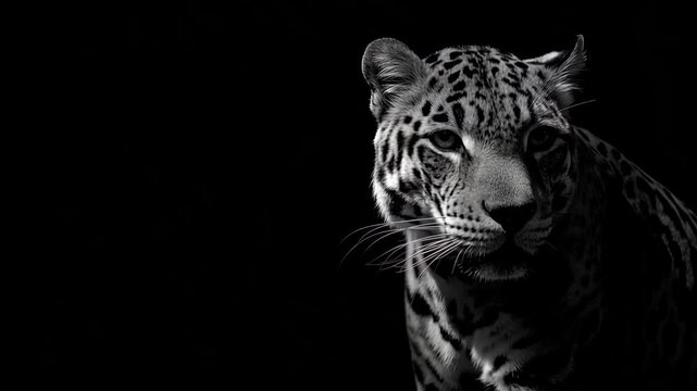 Dramatic black and white portrait of a leopard on dark background