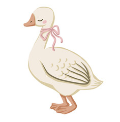 Cute goose vector character with pink bow in flat cartoon style. Hand drawn white bird with simple design perfect for nursery print book illustration and web. Ideal for child and baby concept art. © NadyaSaen 