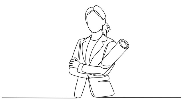 Single continuous line drawing of young female architect holding blueprint paper pose cross arms. Professional work job occupation. Minimalism concept one line draw graphic design vector illustration
