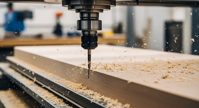 Close-up of a CNC machine carving wood with sawdust flying, highlighting precision manufacturing