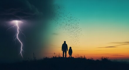 Fototapeta premium Silhouetted figures watch a stormy sunset with lightning and doves in flight