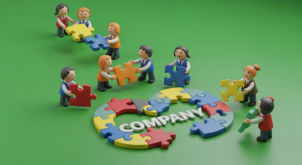 Fototapeta premium Miniature figures collaborate diligently, fitting colorful puzzle pieces together to construct the word 'COMPANY', symbolizing teamwork, strategy, and successful business development