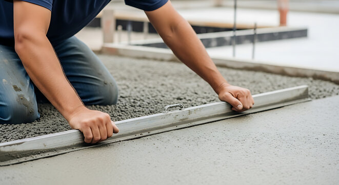 Skilled construction worker meticulously leveling fresh concrete with a professional screed tool on site