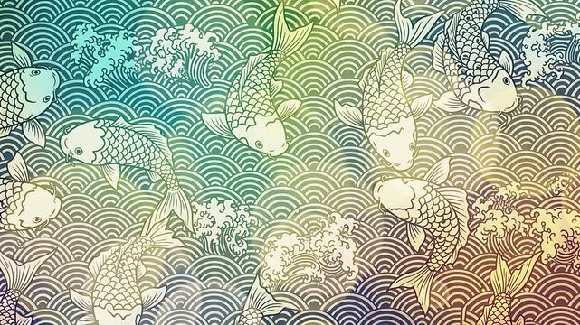 Seamless pattern of graceful koi fish swimming amidst an ocean of colorful waves, creating an elegant and vibrant Asian-inspired background design