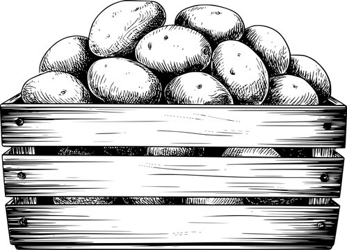 Hand Drawn of a Wooden Crate Filled with Potatoes a White Background harvest