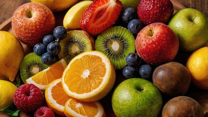 fruits and vegetables, A colorful arrangement of sliced fruits on a wooden table with natural lighting