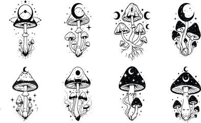 Obraz premium Set of mystical mushroom illustrations featuring celestial elements and spiritual symbols in a vintage tattoo style