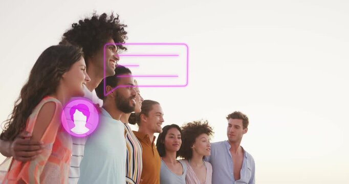 Animation of profile icon with speech bubble over diverse friends posing for a picture at beach