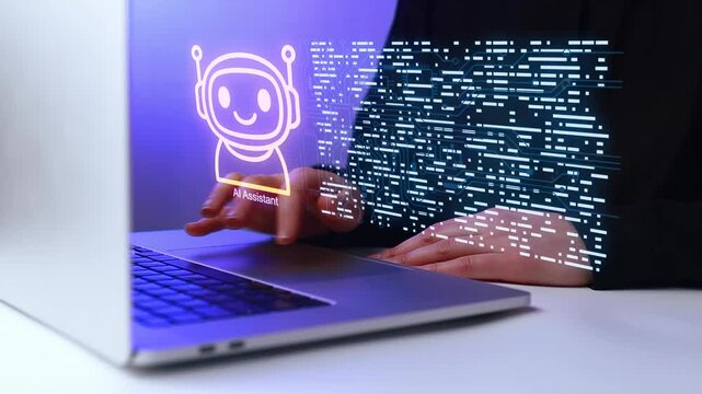 A person types on a laptop with an AI assistant displayed on the screen. The workspace has a digital design showing data and binary code. It is a modern setting with a sleek look..