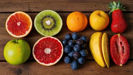 fruits and vegetables, A colorful arrangement of sliced fruits on a wooden table with natural lighting