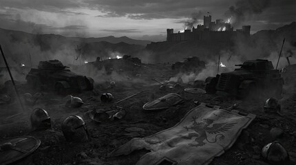 Epic fantasy battle scene with castle sunset and chivalry art concept. A dramatic black and white scene of a medieval battlefield aftermath.