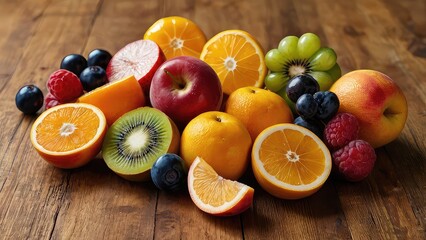 fruits on a wooden table, A colorful arrangement of sliced fruits on a wooden table with natural lighting