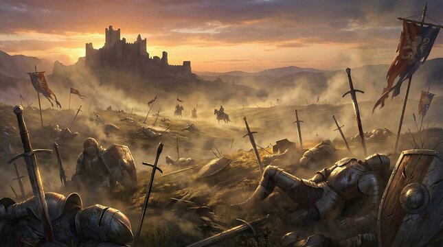 Epic fantasy battle scene with castle sunset and chivalry art concept. A dramatic battlefield scene with fallen knights and castle backdrop.