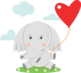 Cute baby elephant holding heart balloon, adorable animal character illustration, love and friendship concept, flat vector design for children poster and greeting card