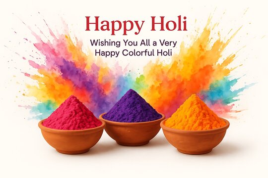 Happy Holi Greeting with Colorful Powder Explosions &ndash; Three Clay Bowls Filled with Vibrant Gulal on White Background