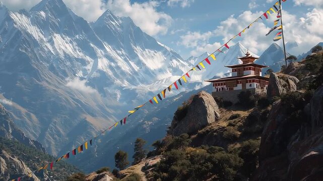 Mountain monastery on rocky cliff with prayer flags overlooking snow covered Himalayan peaks under blue sky