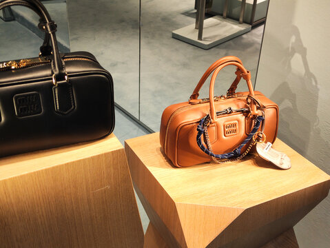 Rome, Italy - February 20, 2026: Two designer handbags Miu Miu displayed on wooden pedestals in a modern retail store, one black and one brown with visible brand logos