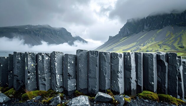 A FlyPro_Firefly image featuring a collection of smooth, grey basalt columns standing erect and aligned, symbolizing robust and immovable economic foundations.