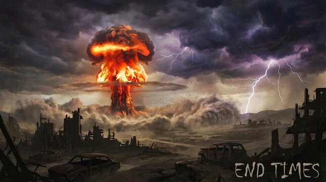 Nuclear explosion with shock wave under stormy apocalyptic sky concept. A dramatic depiction of an apocalyptic scene with destruction.
