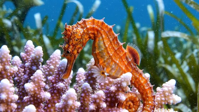 A vibrant seahorse rests near coral, showcasing intricate patterns against a blue-green underwater backdrop
