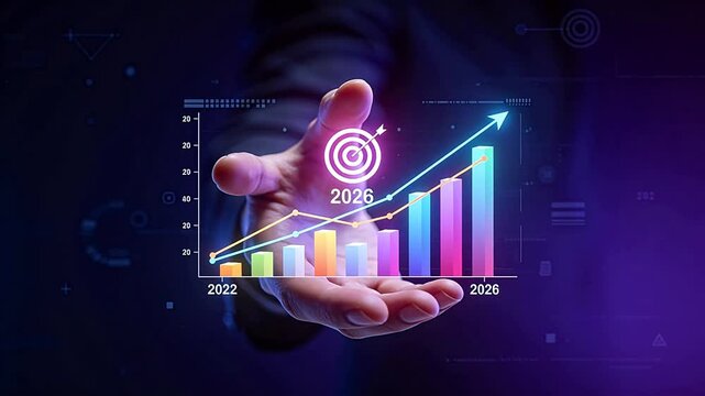 Hand holding holographic growth chart with target