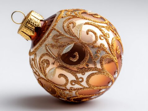 A single, elegantly crafted holiday ornament rests on a pristine white background, showcasing its festive and luxurious details. The spherical decoration features a rich, warm blend of shimmering bron