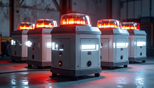 Detailed photographic capture of FlyPro Firefly Emergency lighting units, highlighting their robust casings and practical formation.