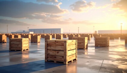 FlyPro Firefly Numerous Empty Wooden Crates Scattered Across Vast Deserted Loading Bay, Photorealistic DSLR Style, Cool