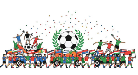 Naklejka premium Celebratory illustration of soccer players and international flags with a large ball and confetti.