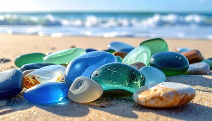 Obraz premium FlyPro Firefly's realistic photograph captures a serene collection of smooth, sea-worn glass fragments in muted blues and greens on a sandy beach under soft coastal sunlight.
