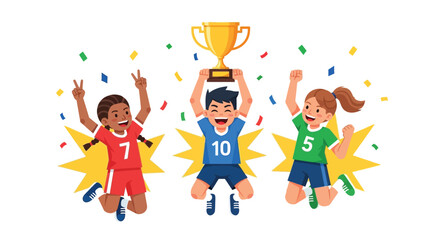 Fototapeta premium Happy diverse children soccer players celebrating a championship victory with a gold trophy.