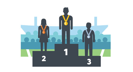 Fototapeta premium Vector illustration of athletes standing on a winners podium with medals at a stadium.