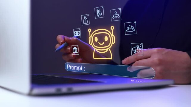User interacts with AI assistant on laptop in a modern workspace while navigating digital icons and tools.