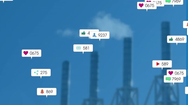 Animated video shows social media's global impact with icons and factory imagery.