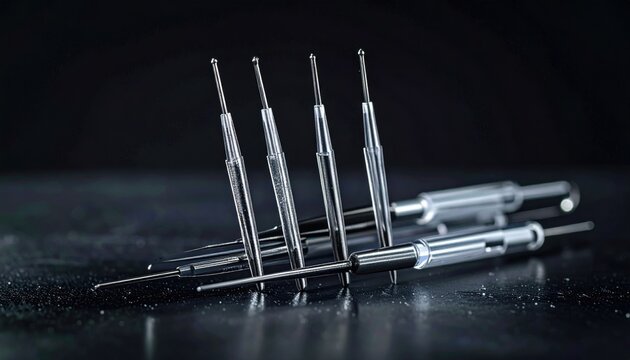 FlyPro Firefly Collection of precisely shaped and polished sterile inoculation loops resting on a dark, non-reflective surface, highlighting advanced laboratory tools.